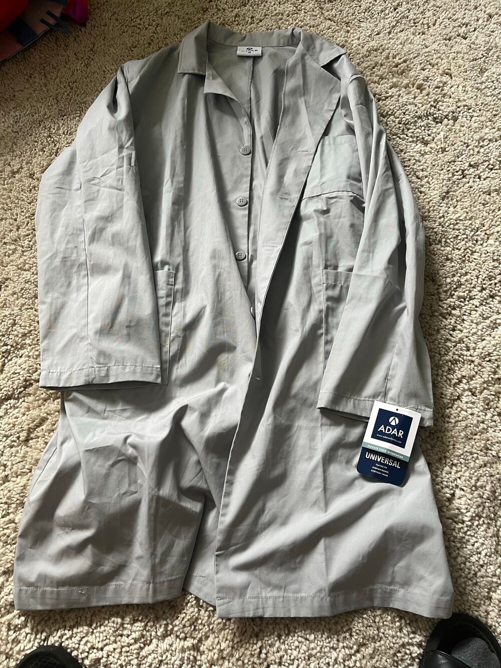 Adar grey long sleeve workwear coat with button front and waist tie belt